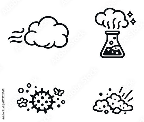 Cloud, chemical flask, virus and dust icons on dark background