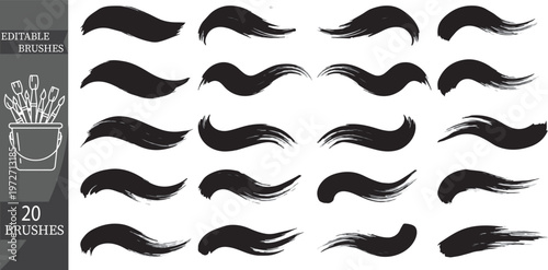 Editable mustache brushes, 20 vector mustache styles, black and white, illustration set