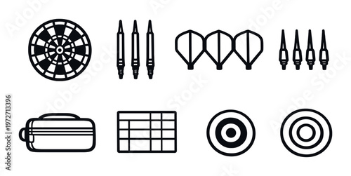 Darts and target accessories displayed on dark gradient background