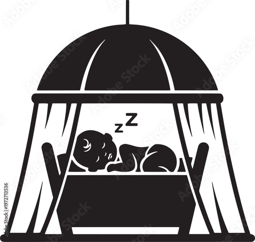 Baby sleeping soundly in mosquito net cradle with Zzz symbol simple vector illustration on transparent background
