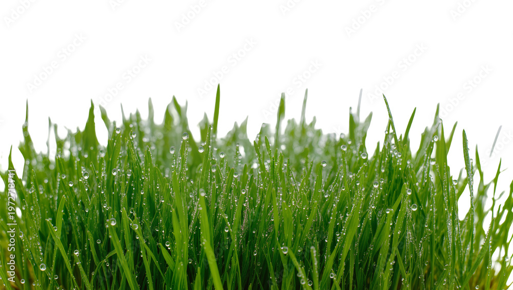 Obraz premium Isolated close up of lush green grass with refreshing water drops and glistening morning dew.