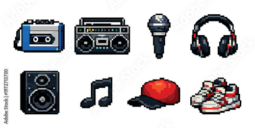 Retro audio and streetwear icons displayed on gray background