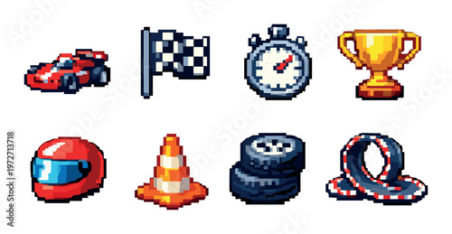 Racing car and track icons displayed on gray background