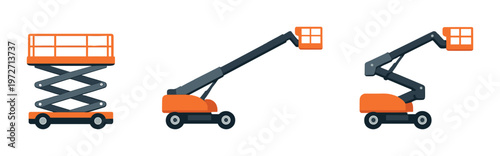 Three aerial work platform machines shown on gray background