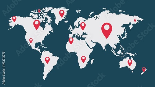 Location marker pop up, graphic animation with world map global connection