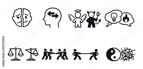 Icons representing moral conflict and balance on dark panel