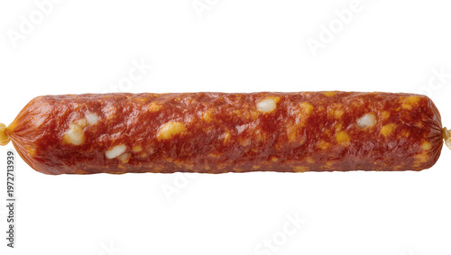 Fotografie Isolated delicious red spicy cured salami sausage with visible fat pieces, tradi