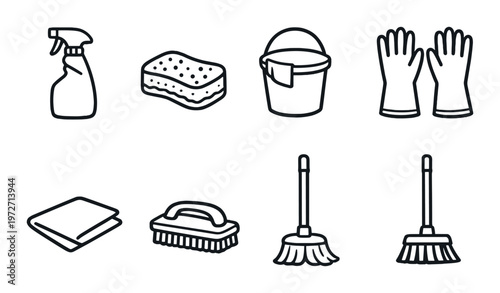 Cleaning supplies and tools icons displayed on dark panel