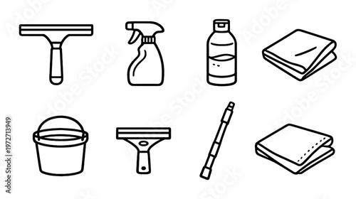 Cleaning tools icons arranged in two rows on dark background