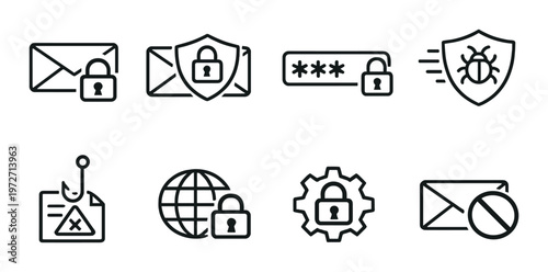 Email and security icons depicting locks and threats on dark backdrop