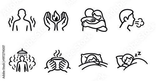 Human warming and comfort activity icons on dark background