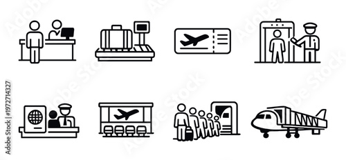 Airport check in and security icons on dark background