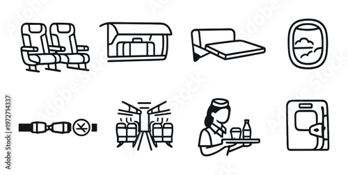 Airplane cabin interior icons showing seats, bins and service