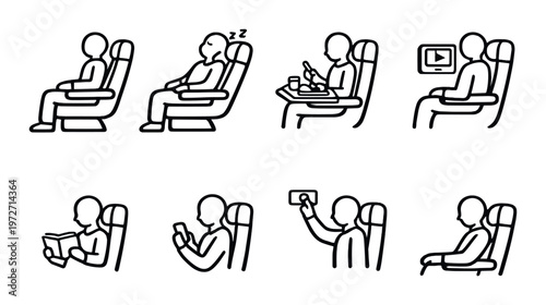 Passengers using seats for various activities inside aircraft cabin