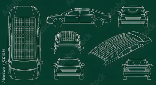 Solar Car Roof Panel Detail AutoCAD Blueprint Vector – Electric Vehicle Solar System Multiview Technical Drawing White Outline on Dark Green
