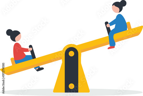 Children on seesaw playground, balance concept minimalist vector illustration
