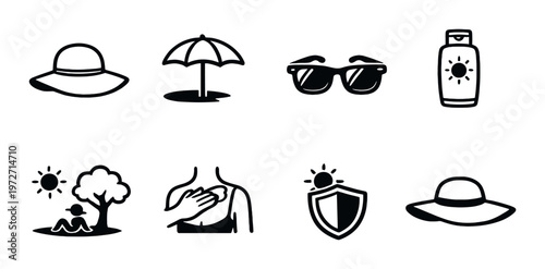 Sun protection icons showing hat umbrella sunglasses and lotion