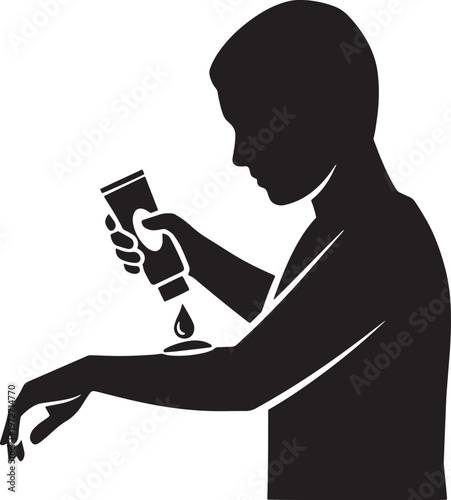 Person applying insect repellent to arm from a bottle, protecting skin from mosquito bites, outdoor summer activity, personal care product