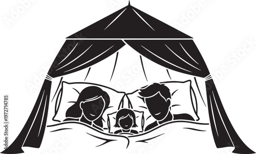 Family sleeping under mosquito net in bed, protection from insects at night, healthy sleep, safety in bedroom, home environment comfort