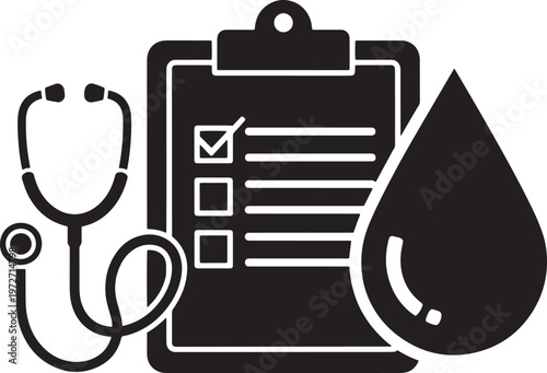 Medical clipboard with checklist and stethoscope, blood drop icon, healthcare concept, doctor's appointment, diagnostic test, medical record