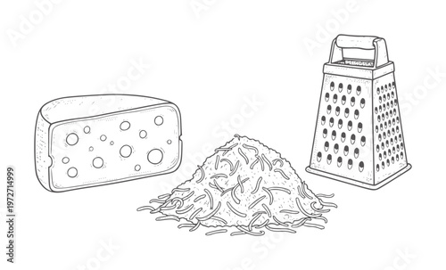 Block of Swiss cheese next to pile of shredded cheese and grater