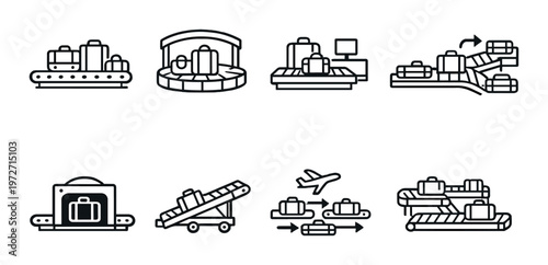 Airport baggage carousel and conveyor icons on dark background