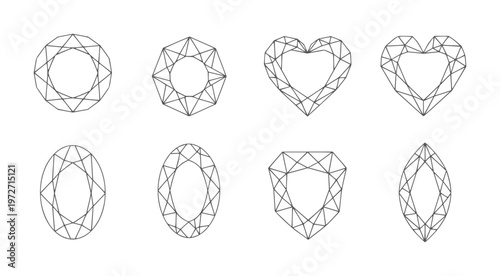 Eight different geometric gemstone cut outlines white diamond