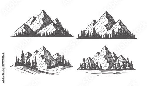 Four hand drawn mountain range with pine trees and textured backgrounds forest