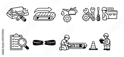 Maintenance worker repairing conveyor systems with tools in facility