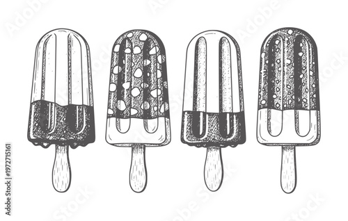 Four hand drawn popsicles with different toppings and patterns cream treat frozen