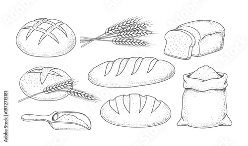 Hand drawn assortment of breads wheat stalks and flour sack loaf