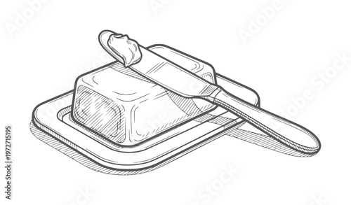 Hand drawn butter dish with knife and butter spread dairy