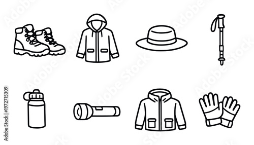 Hiking gear icons showing boots, jackets and outdoor accessories