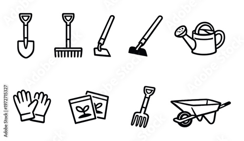 Garden tools and equipment icons arranged on a dark panel