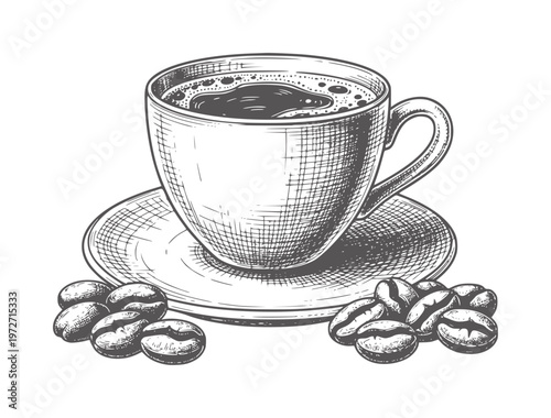 Hand drawn of a coffee cup with saucer and scattered coffee beans