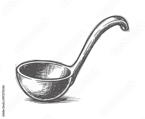 Hand drawn of a dark gray ladle with a long curved handle utensil kitchen cooking