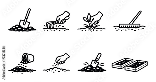 Soil preparation and sowing icons showing gardening steps