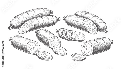 Hand drawn of sliced and whole sausages white meat food vintage monochrome