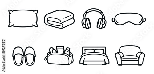 Pillow blanket and sleep accessory icons with bedroom furniture