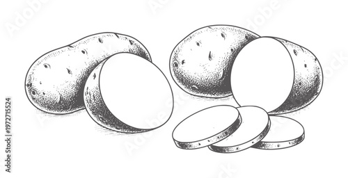 Vintage of whole and sliced potatoes white