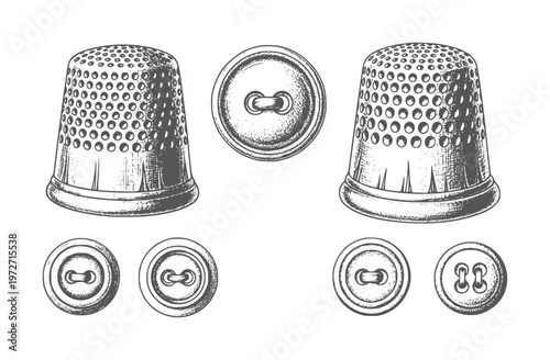 Vintage thimbles and buttons in style sewing craft