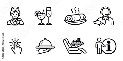 Service and hospitality icons arranged in grid on gray background