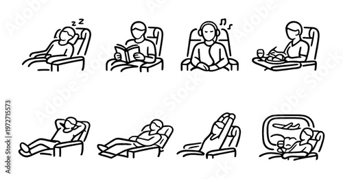 Passengers performing activities in airplane seats cabin