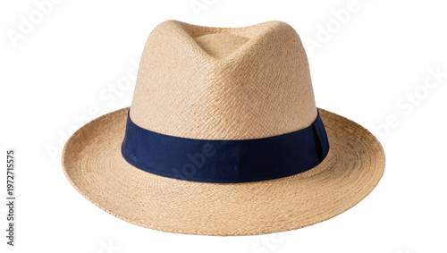 Tableau sur toile Isolated straw fedora hat with a navy blue ribbon band, perfect for summer fashion and travel
