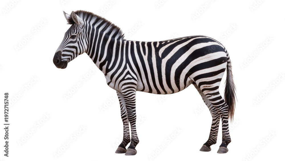 Fototapeta premium Isolated graceful zebra standing in full body side view, a beautiful wild animal with striking stripes