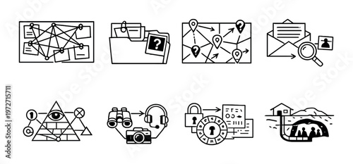 Investigation and intelligence icons on grey gradient background