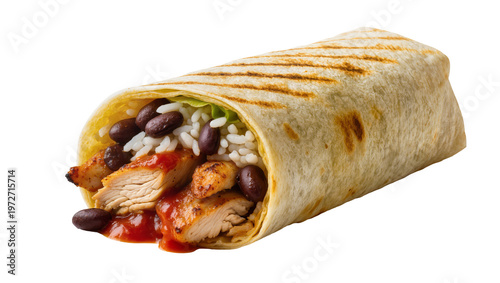 Fotografija Isolated savory grilled chicken burrito filled with rice, black beans, and tangy