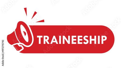 A vibrant red graphic displays the word traineeship within a megaphone shape a striking visual announcement silhouette high quality professional detailed modern elegant