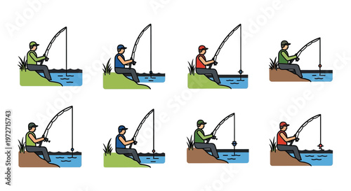 Illustration of four people fishing each depicted in a different colored outfit