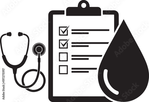 Medical diagnosis clipboard with stethoscope and blood drop icon representing health checkup and laboratory test results on transparent background for